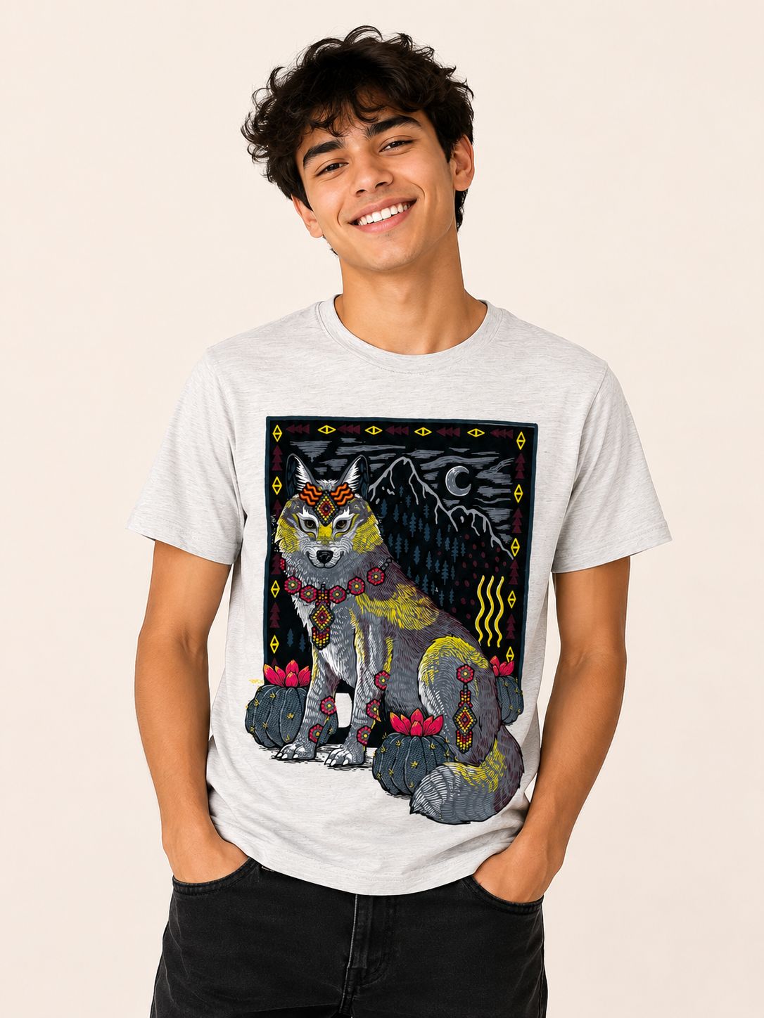 Playera Avena Lobo Gris Huichol