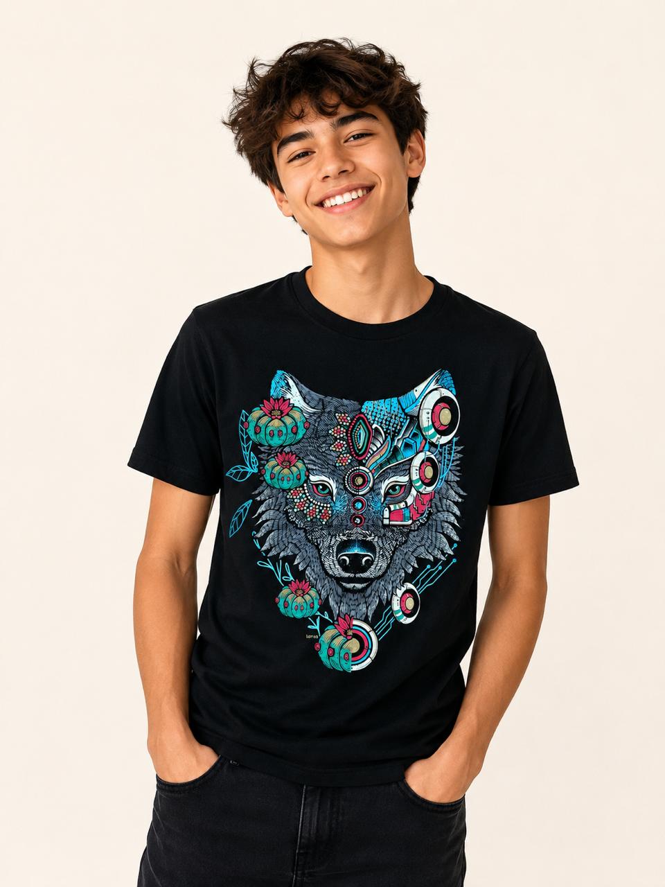 Playera Negro Lobo Peyote Cyber