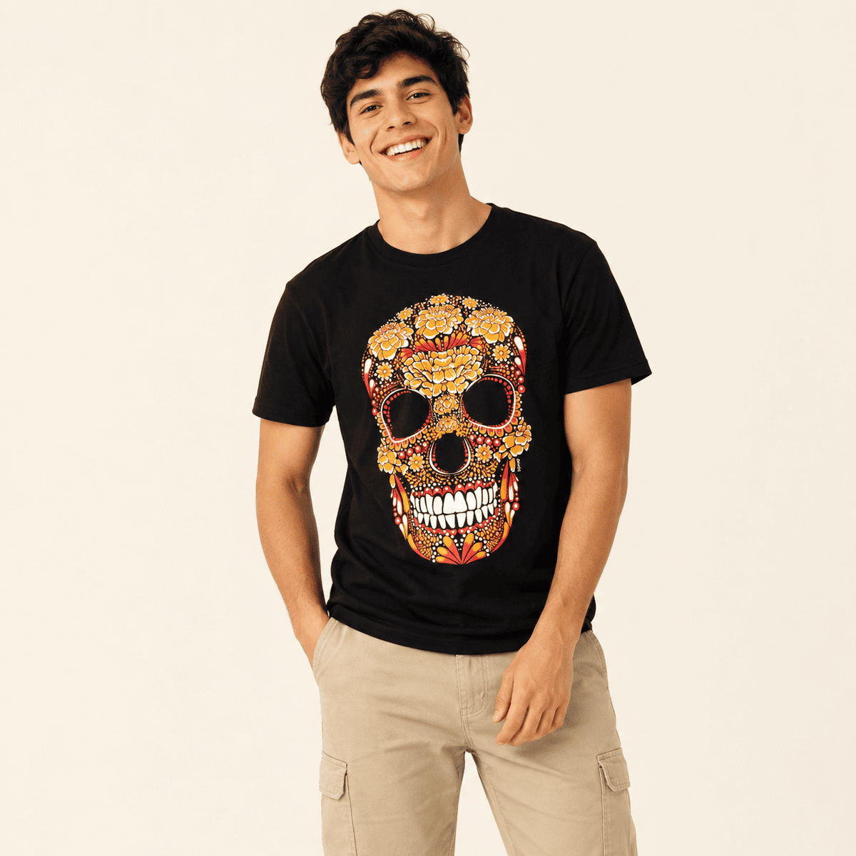 Playera Negro Craneo Cempasuchil
