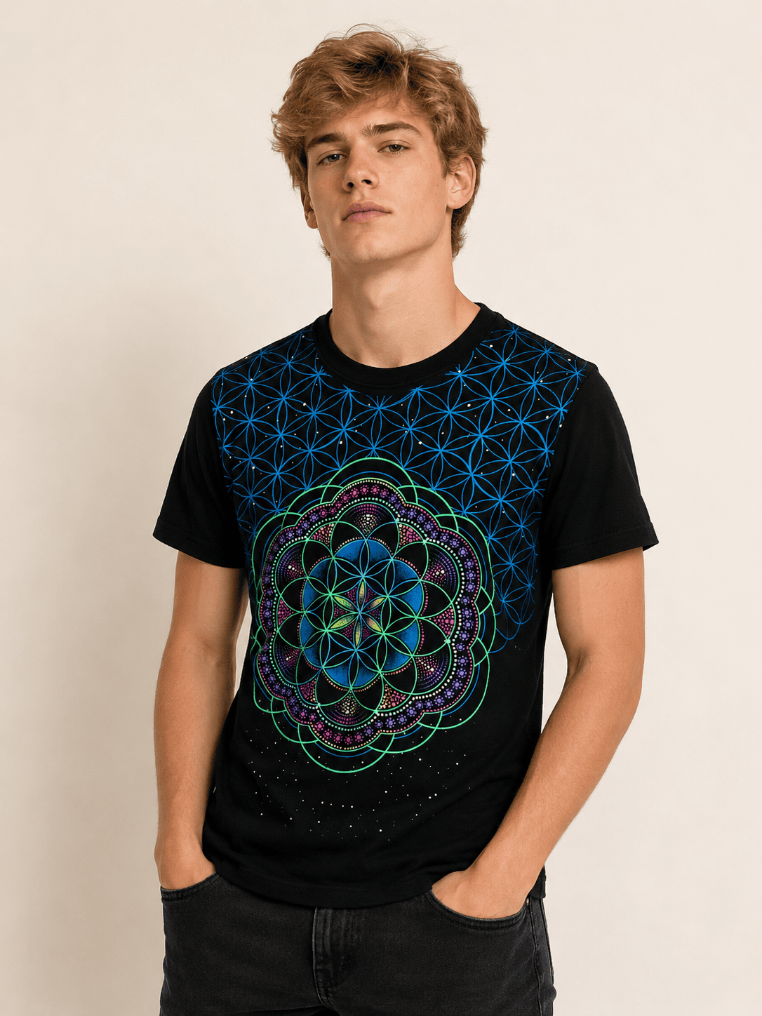 Playera Negro Flor De La Vida Psicodelico