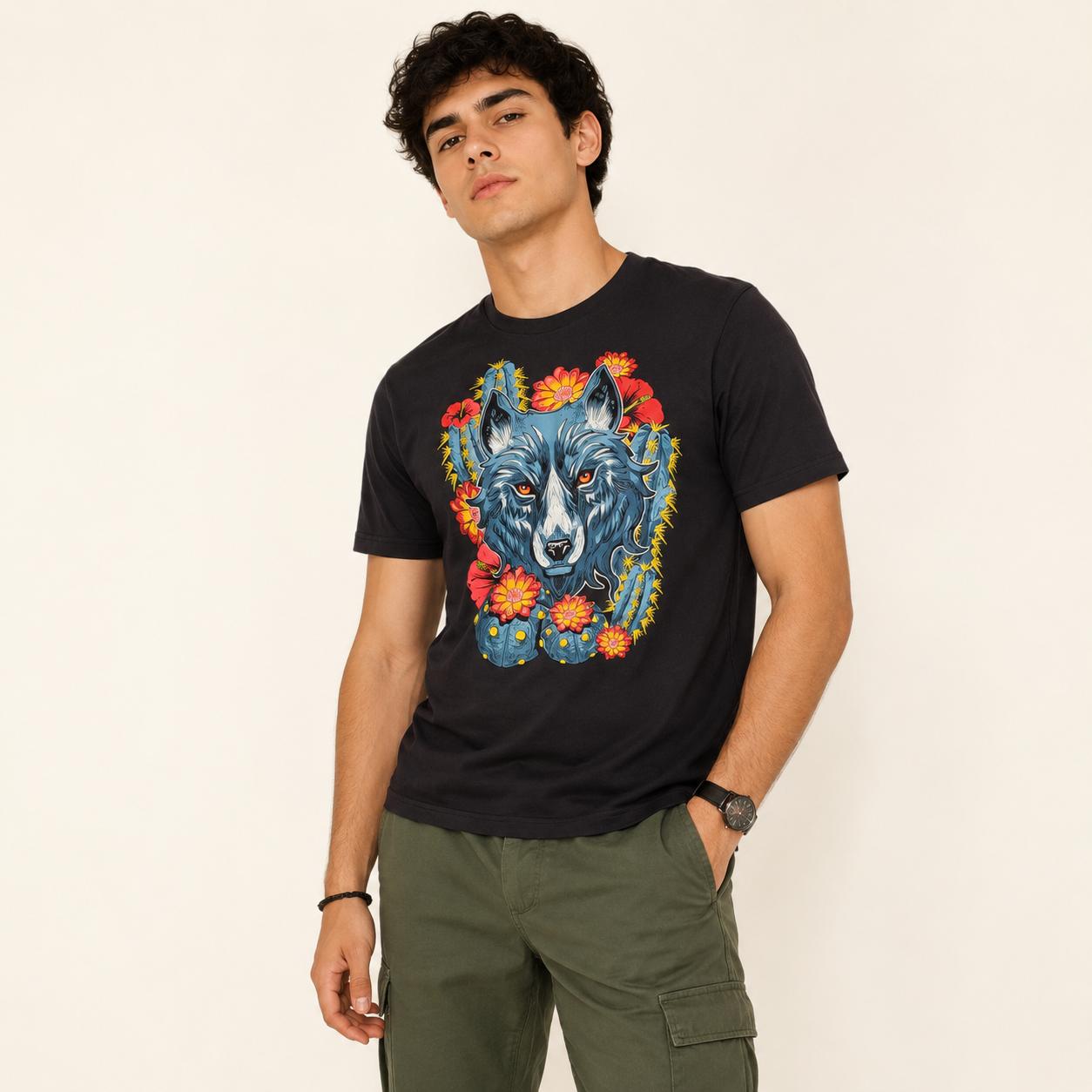 Playera Negro Lobo Peyotes
