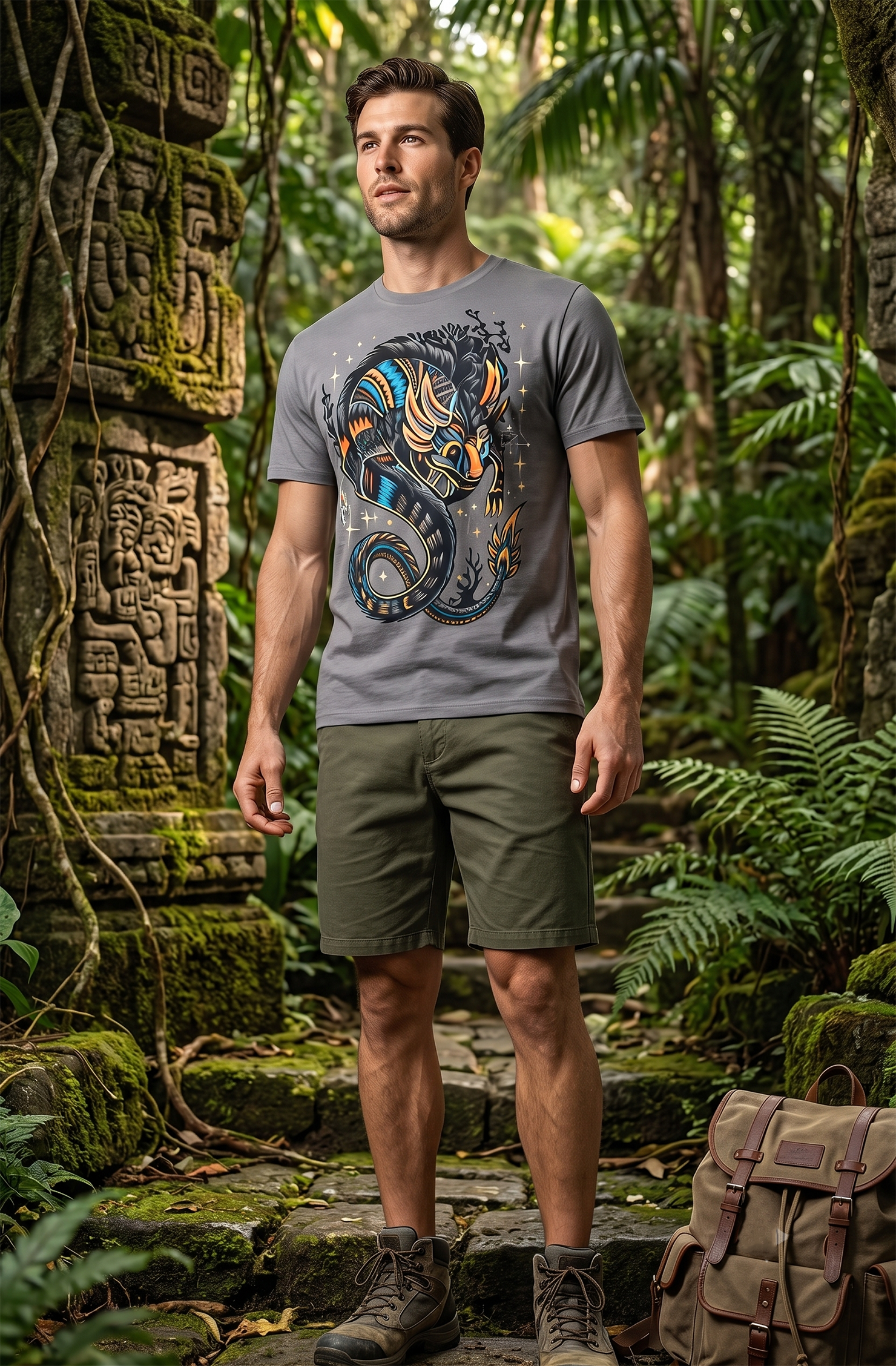 Axolote Neòn Tribal - Playera Gris de Arte Mexicano Contemporaneo
