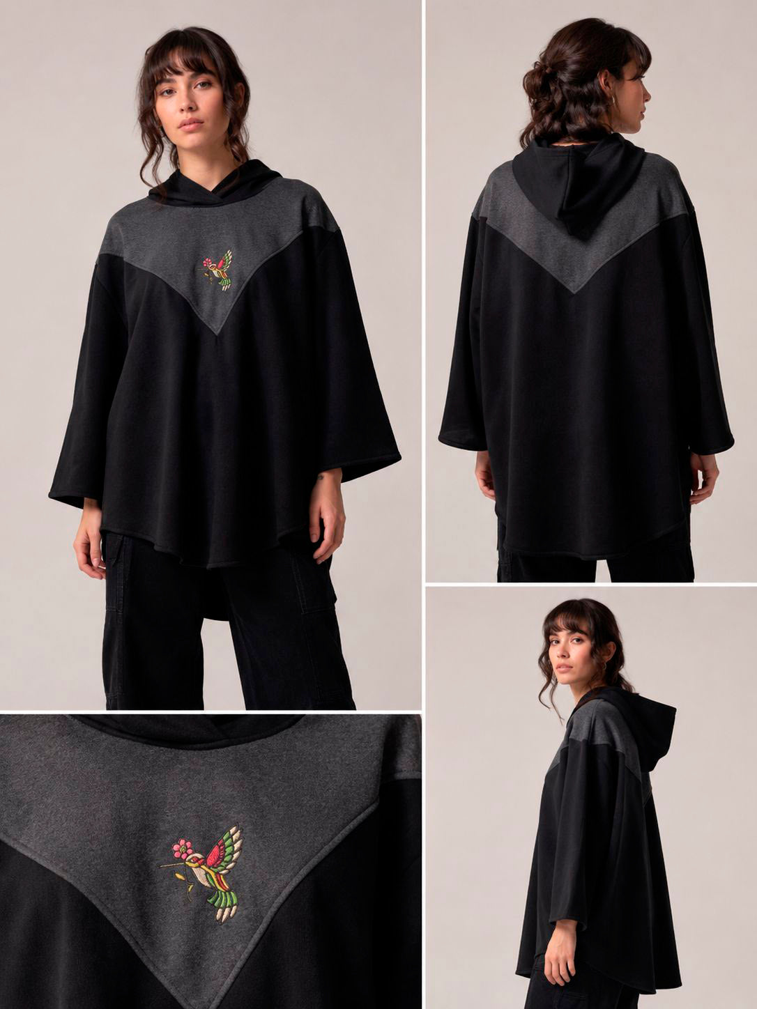 Poncho negro con colibrí bordado
