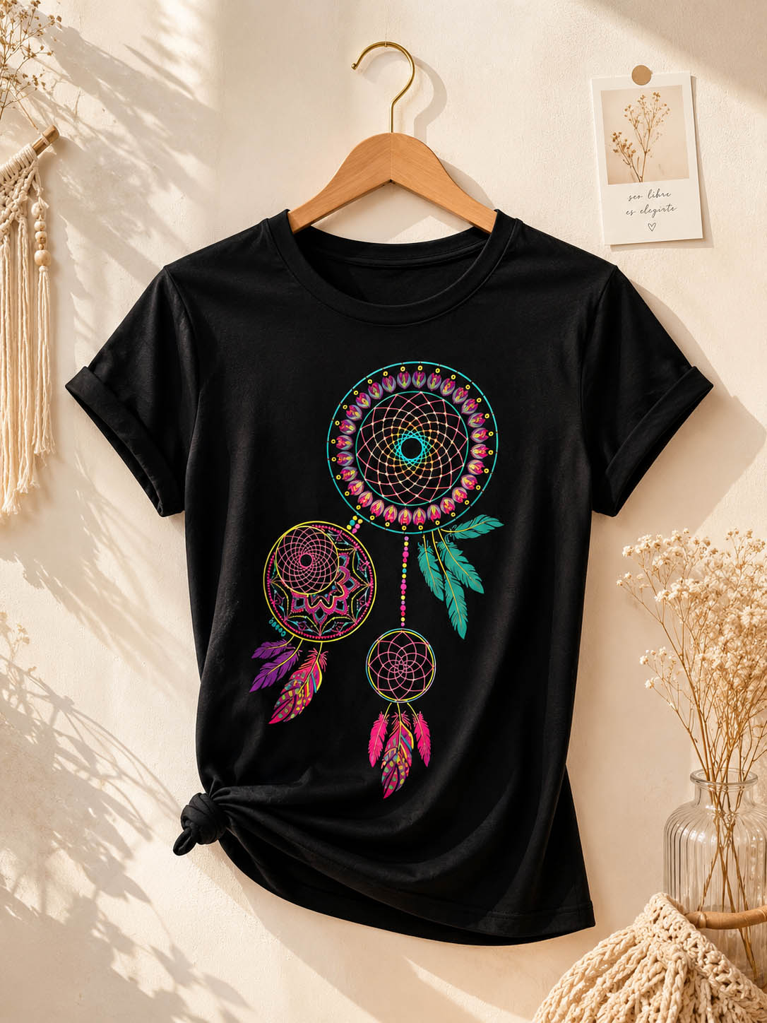 playera mujer con atrapasuenos negra neon