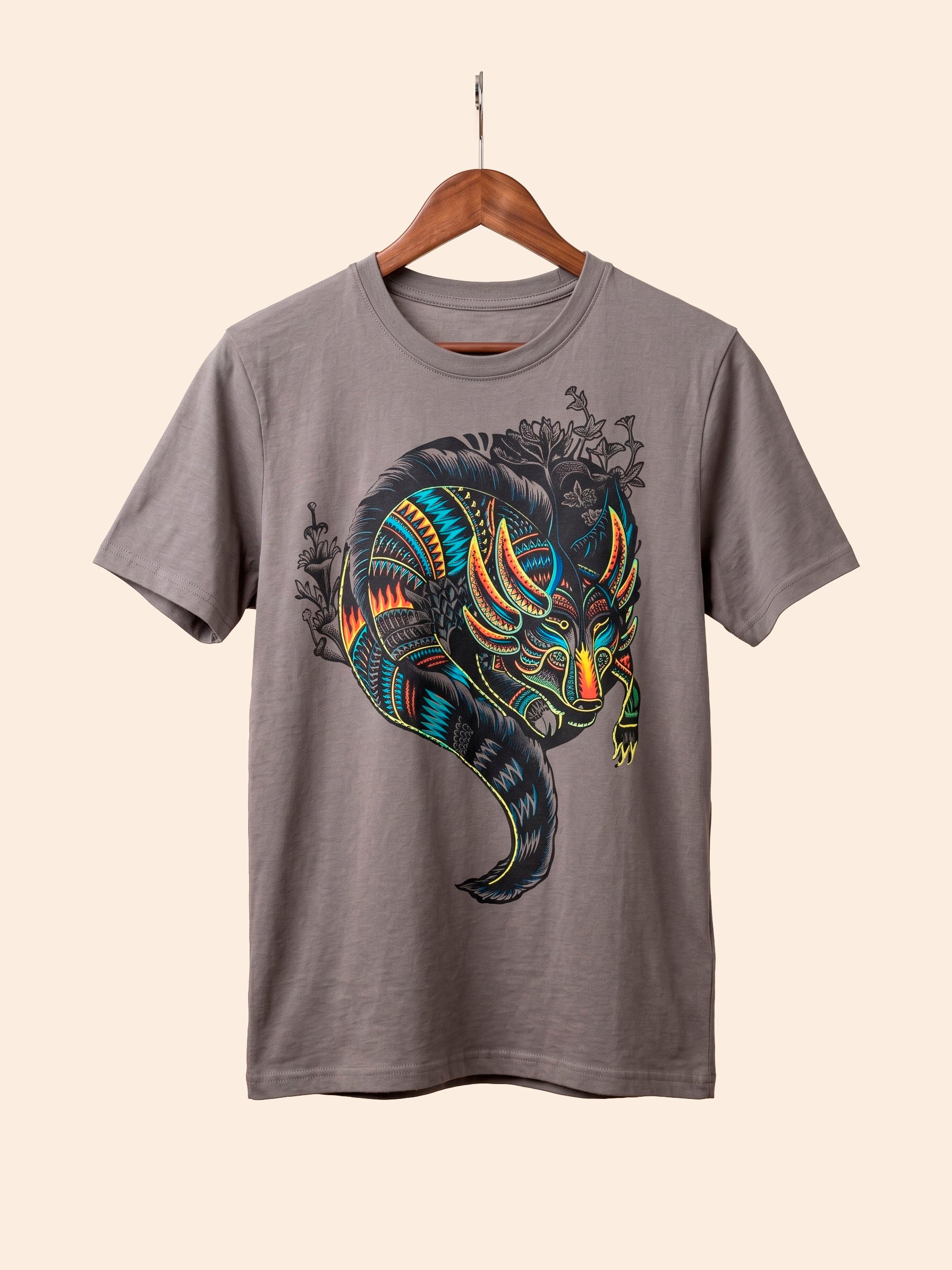 Axolote Neòn Tribal - Playera Gris de Arte Mexicano Contemporaneo